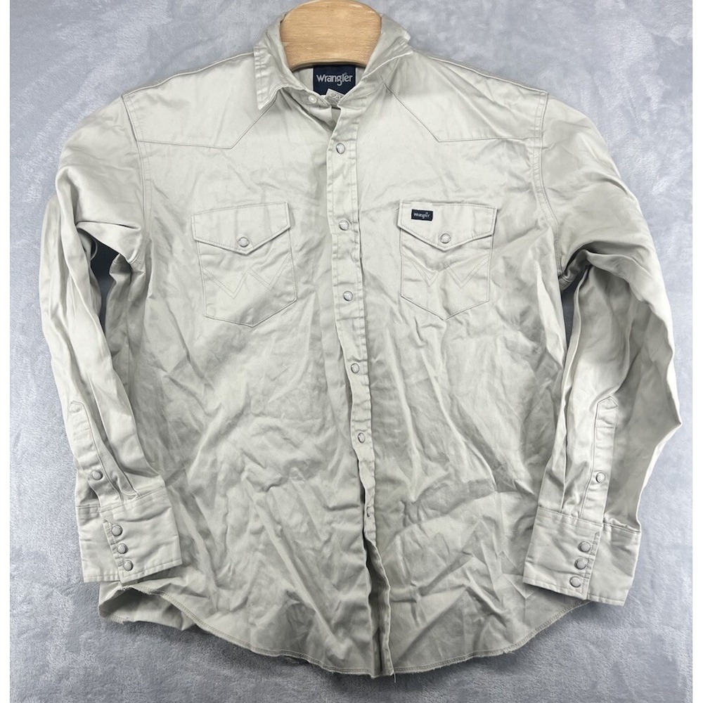 Wrangler Pearl Snap Shirt Beige Twill Yoked Raw Hem Durable Western Men's 2XL